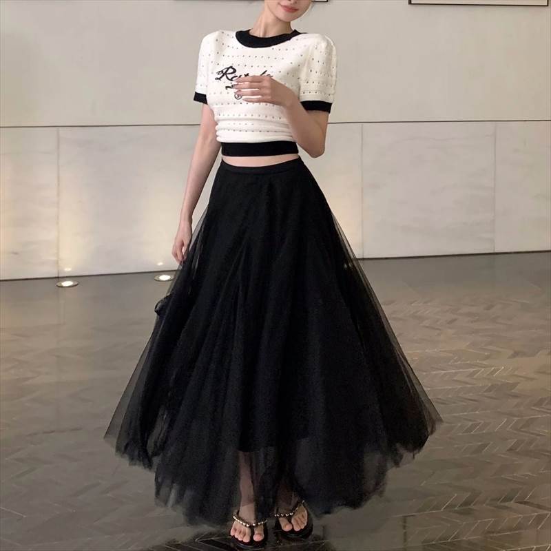 モノトーン セットアップ トップス＆スカート バッククロスデザイン ニット チユール AS1360