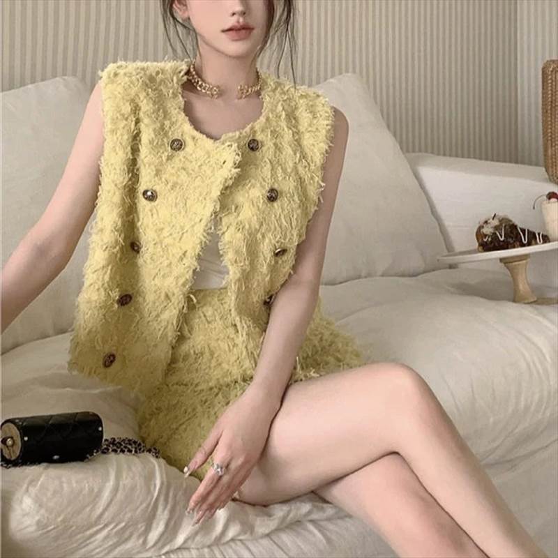 乐天商城 - イエローカラー セットアップ ベスト＆ミニスカ ダブルブレスト スリット サマーシーズン エレガント AS1370