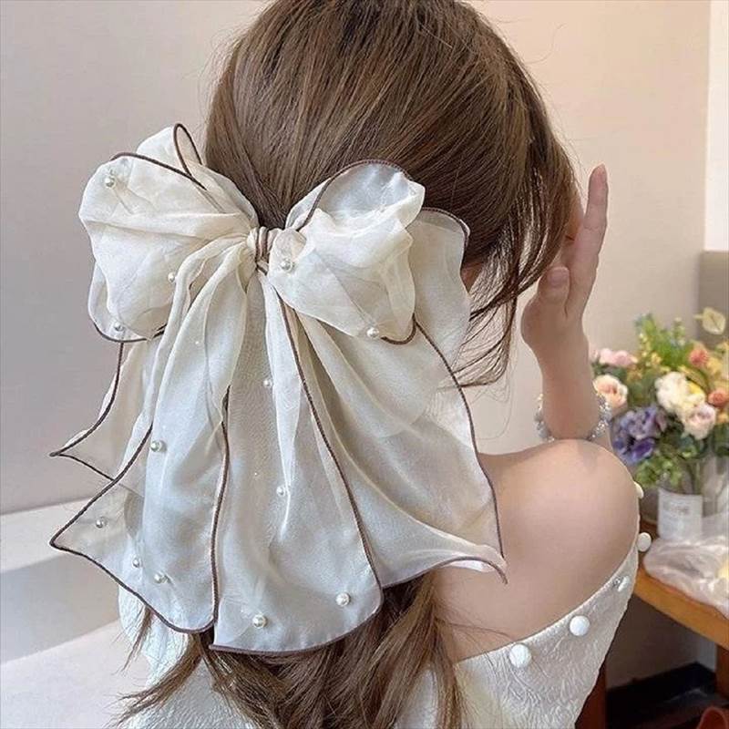 4色 BIGバレッタパールリボン シフォン素材 ヘアアクセ 存在感 ストリート パーティー ホリデー オフィス エレガント カジュアル フォーマル AA1021