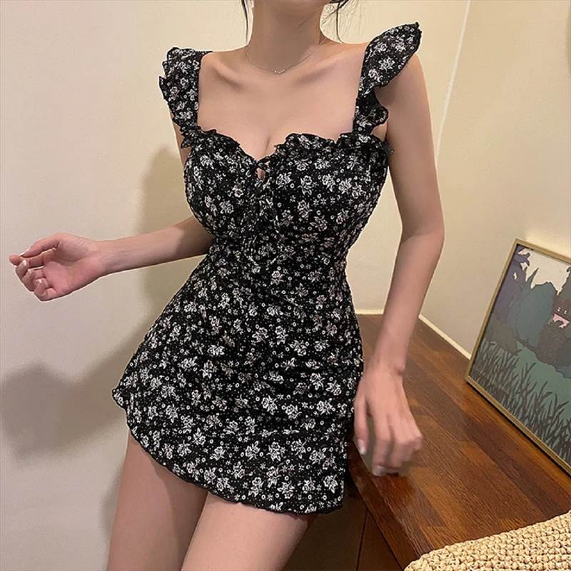 フラワープリント スイムウェア ブラック 大人可愛い フリル ガーリー 花柄(4.0)