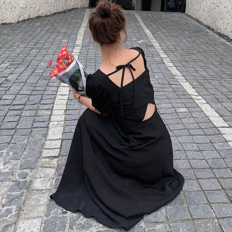 乐天商城 - ブラック マキシワンピース プリンセススリーブ バックコンシャス スクエアネック バックオープン リボン