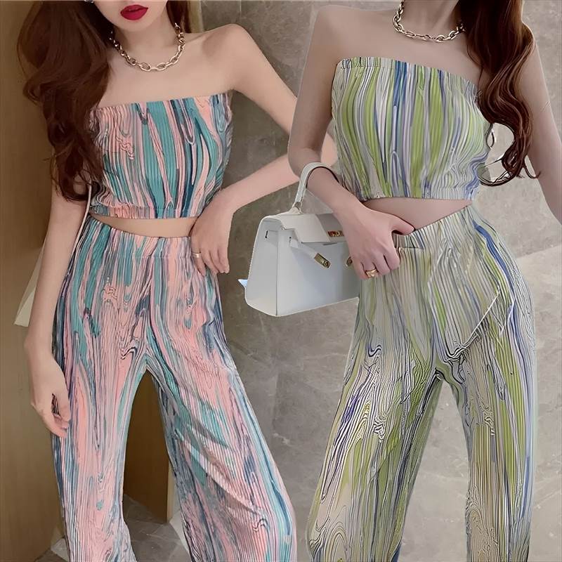 2Colors セットアップ マーブルストライプ リブ編 ビスチェ＆パンツ エレガント カジュアル