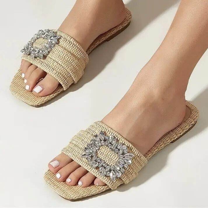 乐天商城 - サンダル スクエアビジュー ストローフラット 1色 フラット ラインストーン 22.5〜24.5