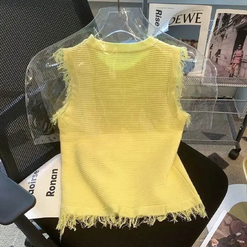 イエロー トップス クラッシュド リブ編 ノースリーブ Freesize