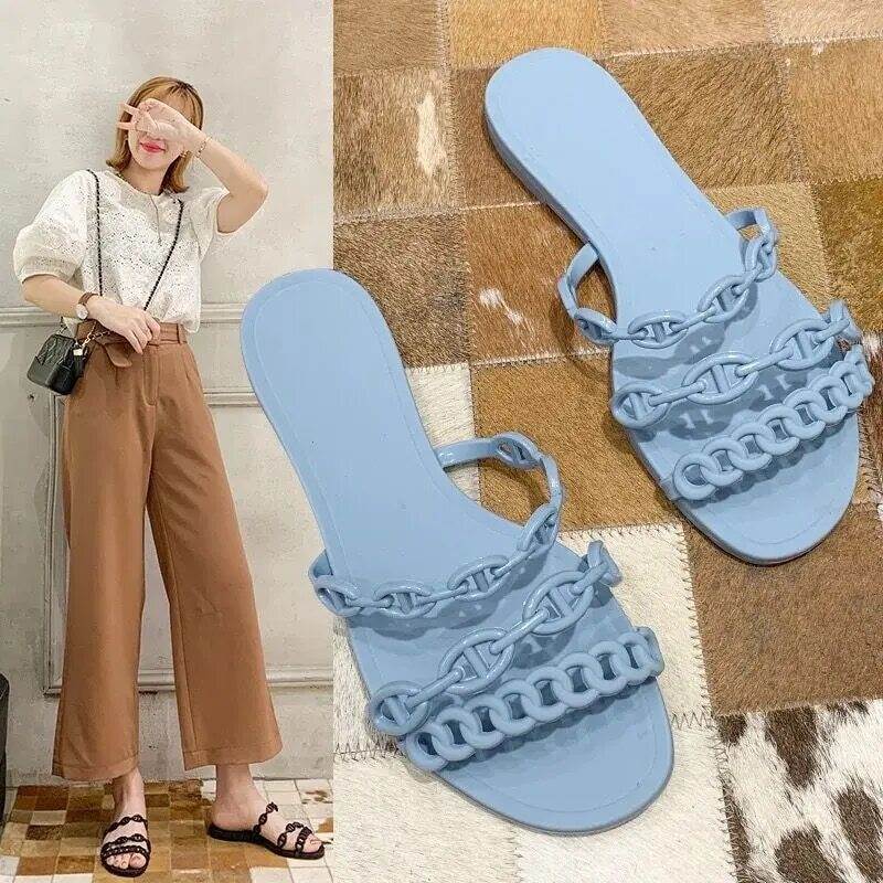 サンダル チェーンストラップ Puレザー 3色 ブルー ブラック レッド 22.5～24.5 エレガント