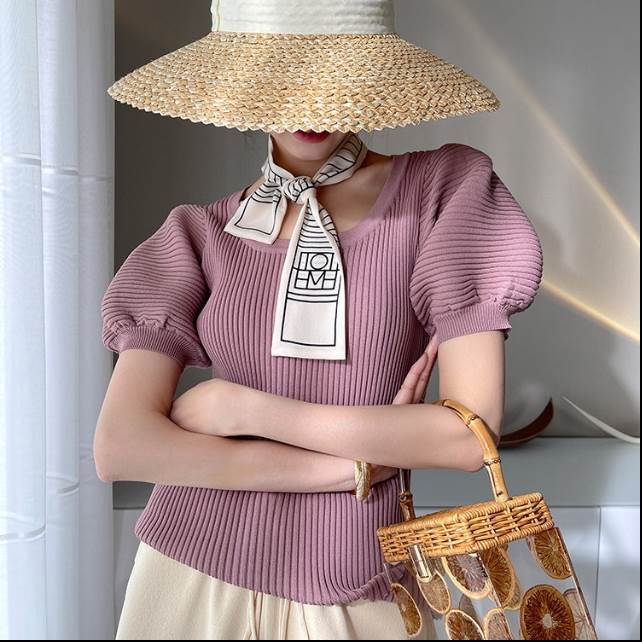 樂天商城 - レディース トップス 半袖 パフスリーブ Uネック スリム リブ 麻 かわいい 大人可愛い きれいめ シンプル カジュアル 上品 おしゃれ かっこいい こなれ感 ラフ ルーズ 個性的 エレガント 主役級 存在感 ラブリー キュート ラグジュアリー 無地 春 夏 秋 OL 通勤 学生