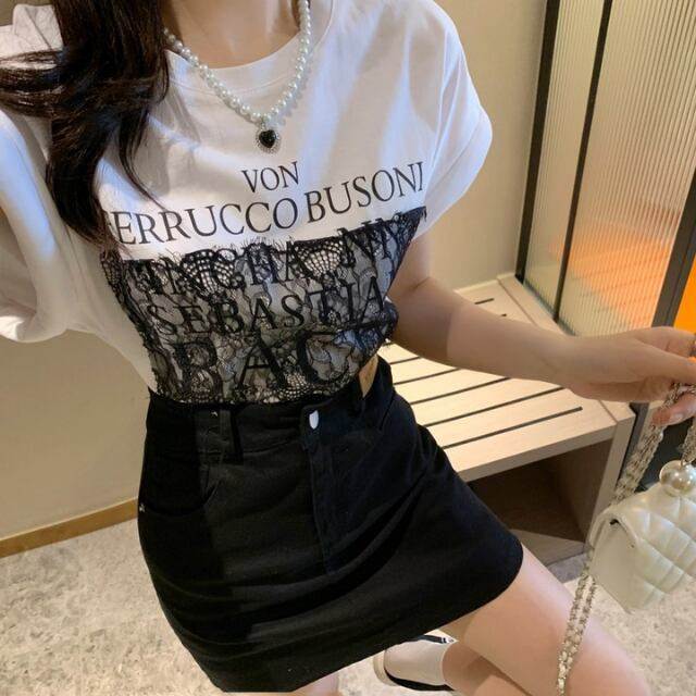 乐天商城 - レディース トップス シャツ 5分袖 ラウンドネック ストリート コットン ロゴにレース かわいい 大人可愛い きれいめ シンプル カジュアル おしゃれ かっこいい こなれ感 ラフ メンズライク マニッシュ ボーイッシュ スポーティー ルーズ 個性的 クール ラブリー