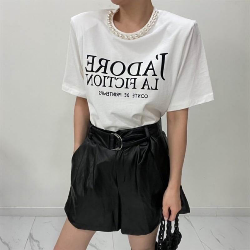 乐天商城 - パールネック 半袖Tシャツ ロゴプリント 2カラー サイズフリー ユニセックス カジュアル ガーリー