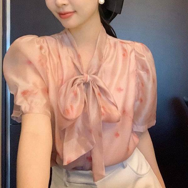 樂天商城 - 2color トップス フレア 半袖 りぼんタイ フェミニン レース シフォン リボン シースルー シアー かわいい 大人可愛い シンプル 上品 おしゃれ ラフ ガーリー キュート ゴシック カントリー 花柄 春 夏 二次会 オフィス ビジネス OL 通勤 学生 学校 通学 部活 デート