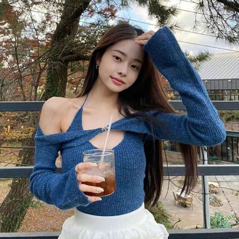 ツーピースニットトップス 長袖 オフショルダー スリム ニット ストレッチ 大人可愛い おしゃれ ガーリー エレガント ラブリー 無地 夏 秋 お出かけ パーティー レストラン ホテル ショッピング 合コン カフェ レイヤード ブラック ベージュ ブルー