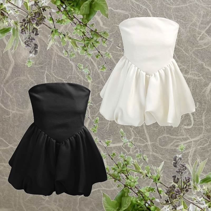 バルーンペプラムベアトップス /balloon peplum bare tops 2color レディース ミニ オフショルダー 裾ワイド フェミニン ふっくら 切り替えデザイン ガーリー エレガント 無地 夏 秋 お出かけ パーティー イベント ショッピング カフェ コーデ S M L ホワイト ブラック