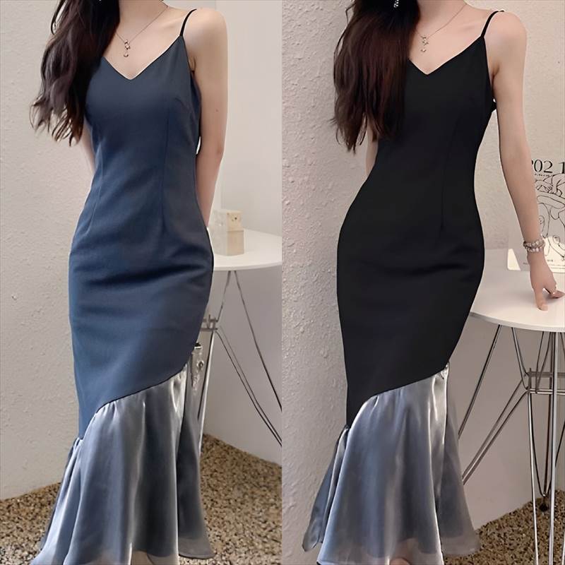 乐天商城 - フリルヘムマーメイドキャミワンピース frill hem mermaid cami onepiece 2color レディース ドレス ミモレ ノースリーブ スリム フェミニン 上品 クール エレガント ラグジュアリー オールシーズン パーティー イベント レストラン ホテル