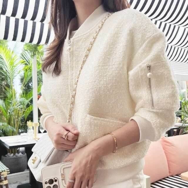 乐天商城 - ツイードパールボタンジャケット 二色展開 おしゃれ カフェ お出かけ かっこいい 大人っぽい パールボタン こなれ感