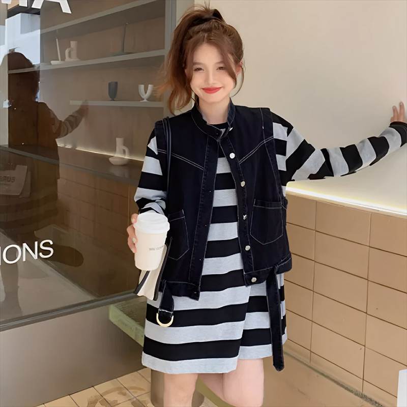 乐天商城 - ステッチデニムベスト×ボーダーワンピース セットアップ レディース ミニ 長袖 ラウンドネック スタンドカラー ストレート フェミニン かわいい カジュアル ボーイッシュ エレガント キュート ビジネス OL 通勤 学生 通学 お出かけ イベント 女子会 ショッピング