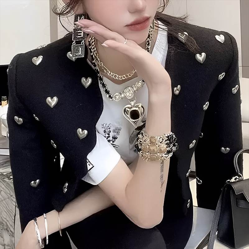 樂天商城 - ハートモチーフ ロングスリーブジャケット レディース 長袖 Vネック 襟なし ストレート 異素材ミックス 大人可愛い ガーリー エレガント ラブリー 秋 冬 発表会 OL お出かけ パーティー レストラン ホテル ショッピング コンサート カフェ 重ね着 コーデ