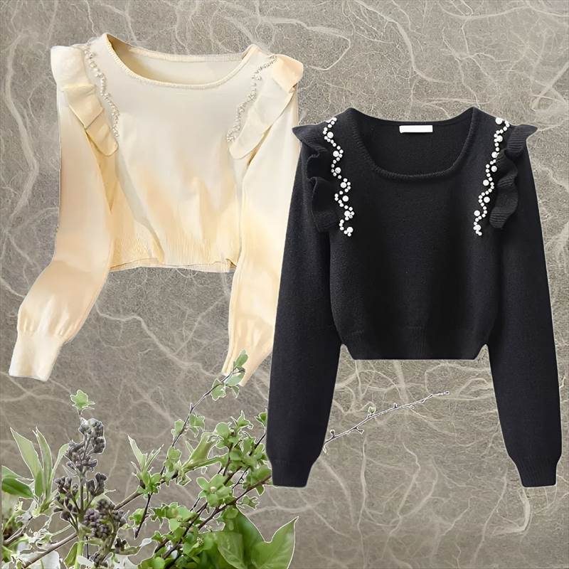 ウェーブパール ロングスリーブニット 2色展開 レディース セーター 長袖 ラウンドネック フェミニン フリル かわいい ガーリー エレガント 無地 秋 冬 ミーティング オフィス OL お出かけ パーティー レストラン ホテル ショッピング カフェ コーデ