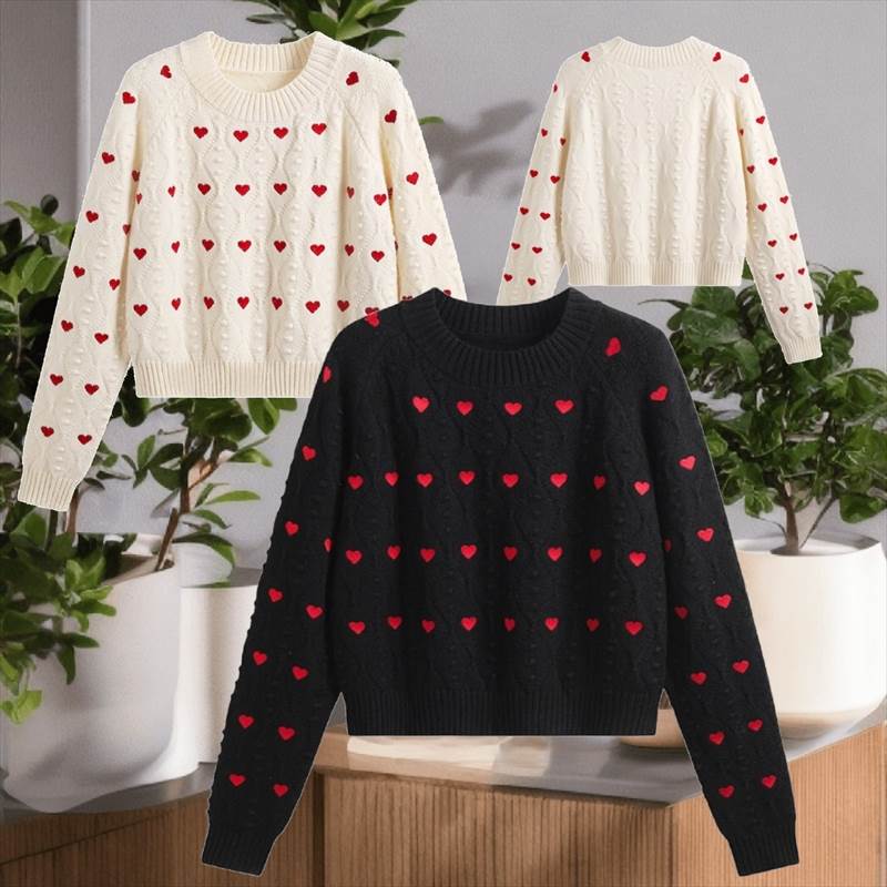 2カラー ハート刺繍デザインニットプルオーバー レディース セーター 長袖 ラウンドネック 刺繍 伸縮性 かわいい カジュアル おしゃれ ガーリー エレガント カレッジ風 ハート柄 秋 冬 オフィス アウトドア イベント レストラン ショッピング カフェ コーデ