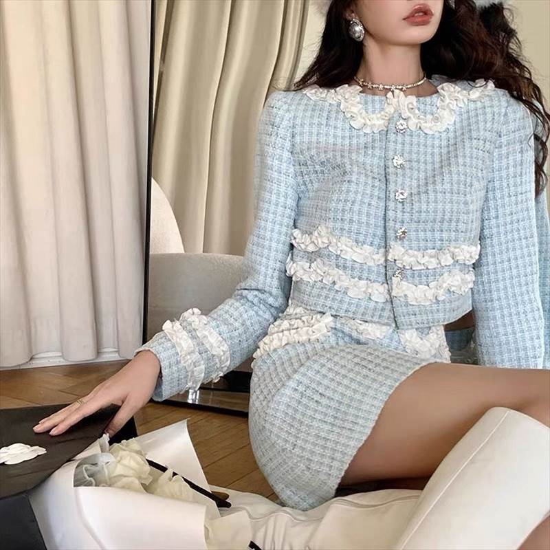 ツイードセットアップ フリル付き ジャケット＆スカート ミニ丈 ショート丈 上品 セクシー 2点セット ハイウエスト 長袖 秋 スカート ..