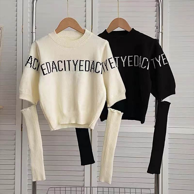 乐天商城 - 2色 英字ラインロゴニットトップス レディース トップス カットソー セーター 上品 韓国 量産型 地雷系 秋冬 ふわふわ 韓国ファッション セクシー ニット セーター 春 秋 ミニ ミニ丈 半袖 アームカバー アームウォーマー ロゴ 英字 ローマ字 英語