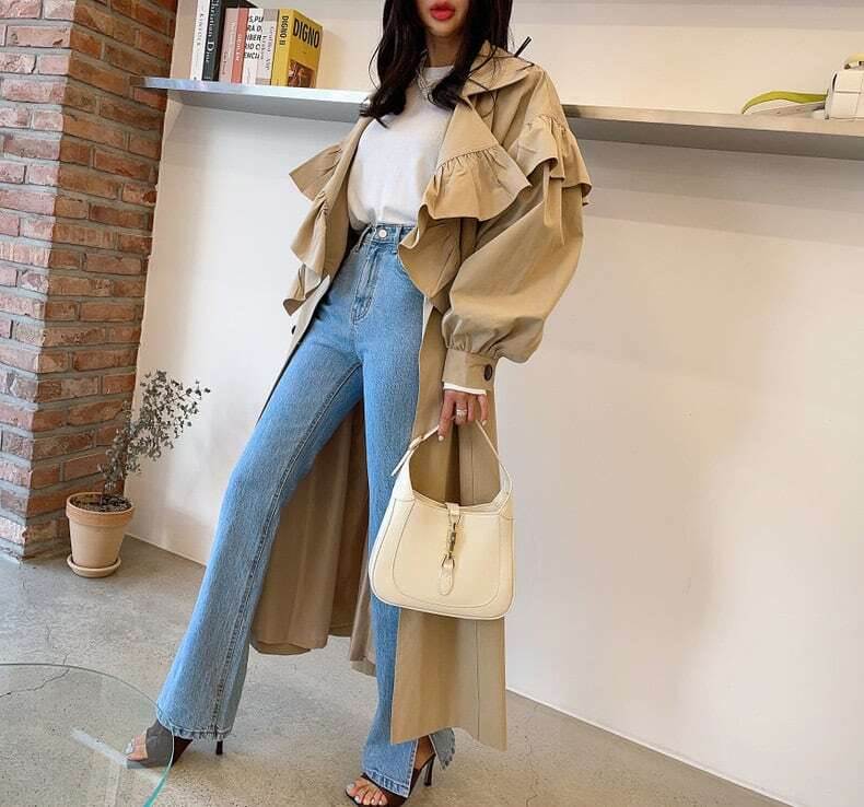 乐天商城 - フリルデザインロングトレンチコートレディース かわいい 大人可愛い きれいめ 上品 おしゃれ かっこいい こなれ感 個性的 エレガント 都会的 ナチュラル オフィス ビジネス OL 通勤 学生 学校 デート お出かけ お泊まり