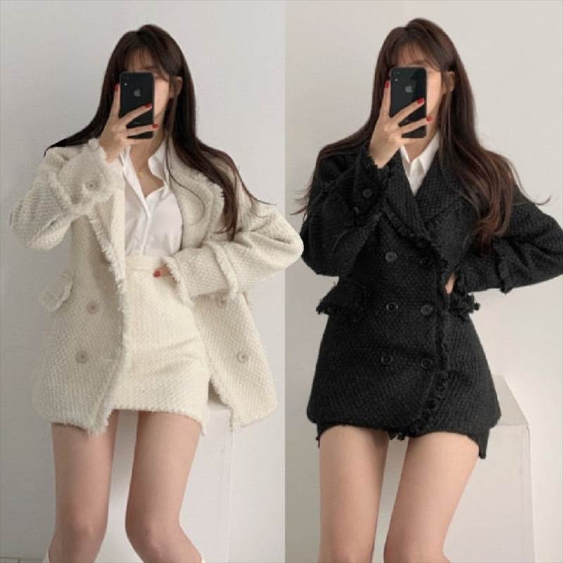 2色 ツイードダブルブレストジャケット＆ハイウエストミニスカート セットアップ レディース アンサンブル タイトスカート スリム Aラ..