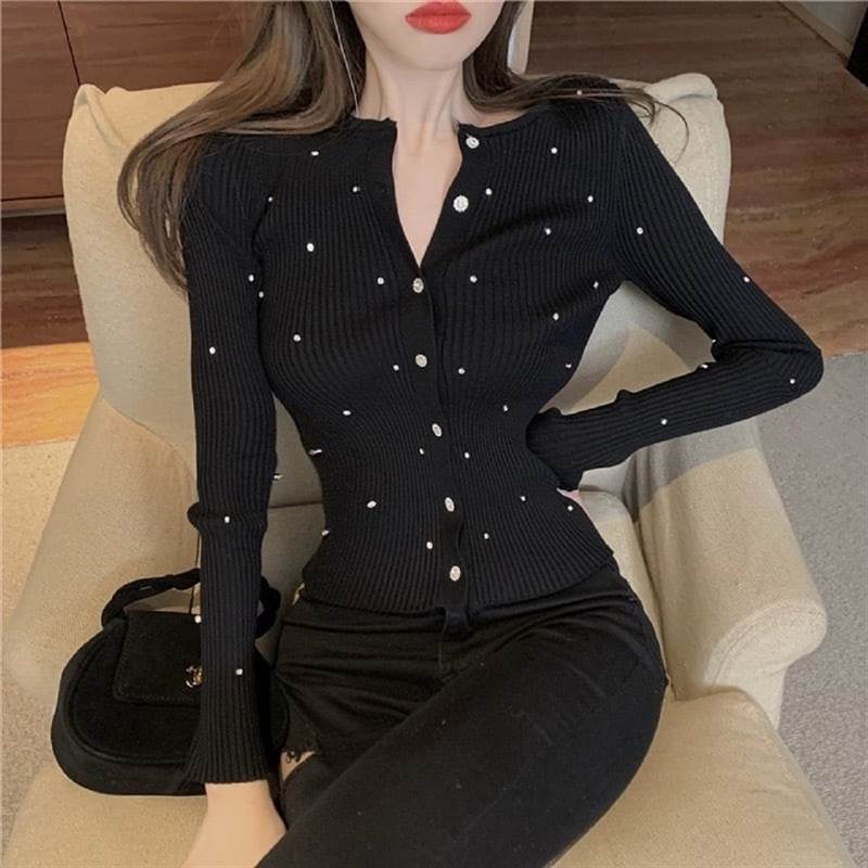 乐天商城 - S〜XL ビジュー リブニット カーディガン レディース カーディガン 長袖 萌袖 ラウンドネック タイト 伸縮性 ビジュー きれいめ 上品 クール エレガント フォーマル ドット柄 秋 冬 プレゼン オフィス イベント レストラン ショッピング カフェ コーデ