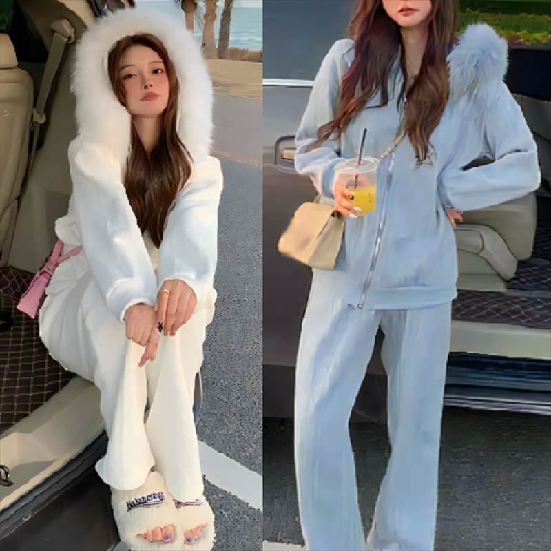 裏起毛ファー フード付きセットアップ 2色 フード付トップス＆ストレートパンツのセット レディース トップス ニット パーカー アウタ..