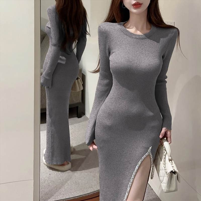 乐天商城 - 4色 タイトロングスリットワンピ ワンピース 上品 韓国 量産型 地雷系 綺麗 春 夏 上品 ミディ丈 ロング ロング丈 セクシー タイト キラキラ ビジュー スリット ミニ ミニ丈 ニット リブ