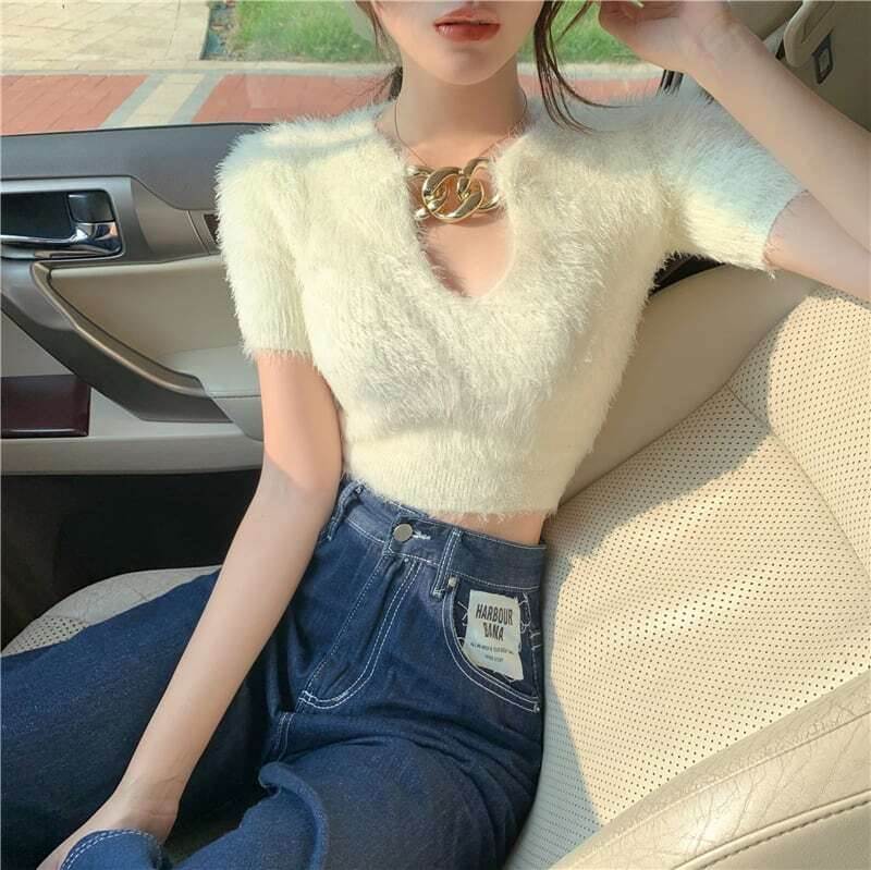 乐天商城 - チェーンデザインショートモヘア風ニット