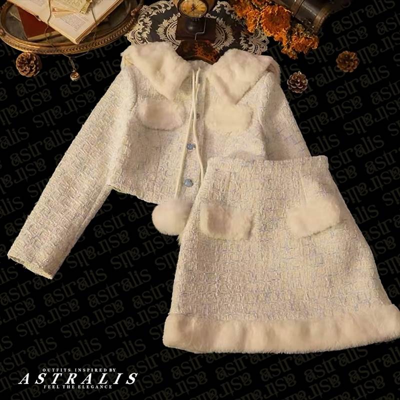 乐天商城 - レディース S・M・L ミニスカート ポンポン付きジャケット セットアップ アンサンブル ショート 長袖 セーラーカラー コート セミフレア フリル ボア ビジュー ツイード 大人可愛い 上品 おしゃれ モダン フォーマル 無地 秋 冬 オフィス イベント カフェ