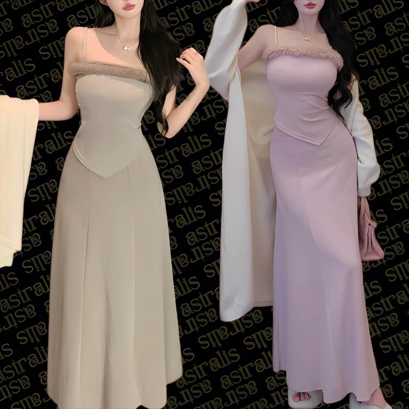 2点セット キャミソール＆ロングスカート S・Mサイズ 2カラー レディース スカート キャミソール セットアップ インナー フレアスカート ロングスカート ロング セミフレア フェミニン ふわふわ リブニット 伸縮性 フェイクファー 大人可愛い 上品 おしゃれ