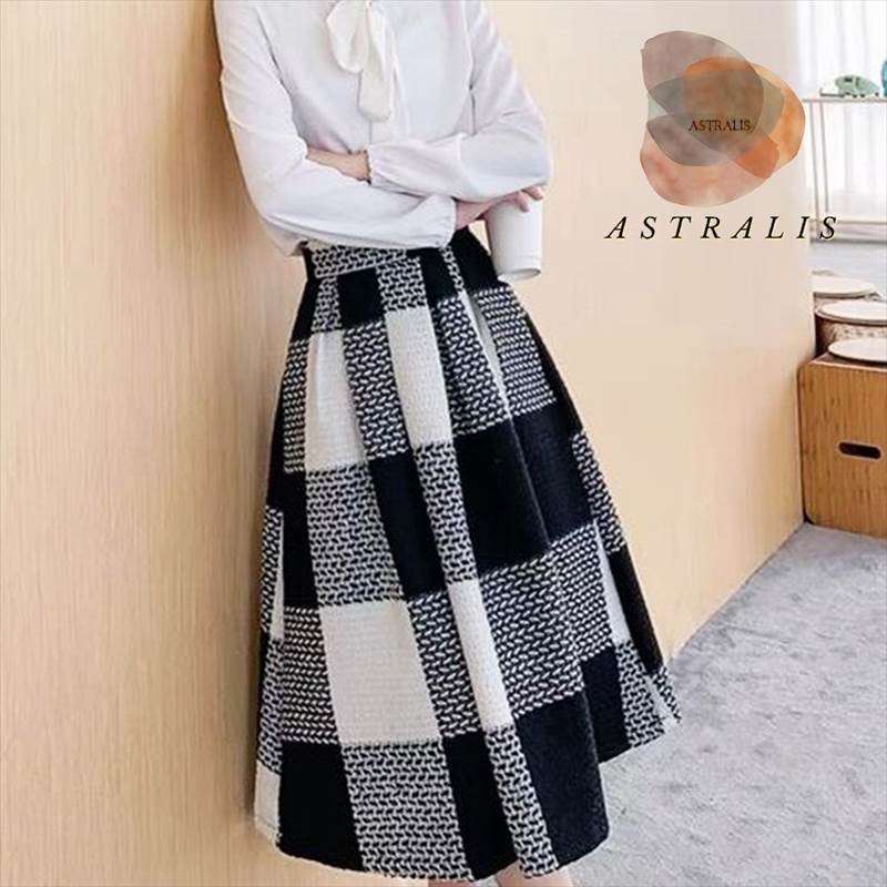 ブロックチェック ウールスカート レディース スカート ボトムス フレアスカート 膝下 セミフレア Aライン バイカラー ウール 大人可愛い カジュアル 上品 かっこいい エレガント チェック シーズンレス オフィス ビジネス イベント ショッピング カフェ コーデ