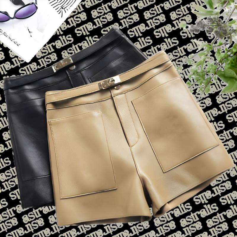 Other - ベルト＆バックル レザーショートパンツ 全2色 レディース パンツ ショートパンツ レザーパンツ ショート 細身 ストレート ストリート ベルト レザー かわいい カジュアル 上品 スポーティー エレガント 無地 シーズンレス オフィス イベント レストラン ショッピング