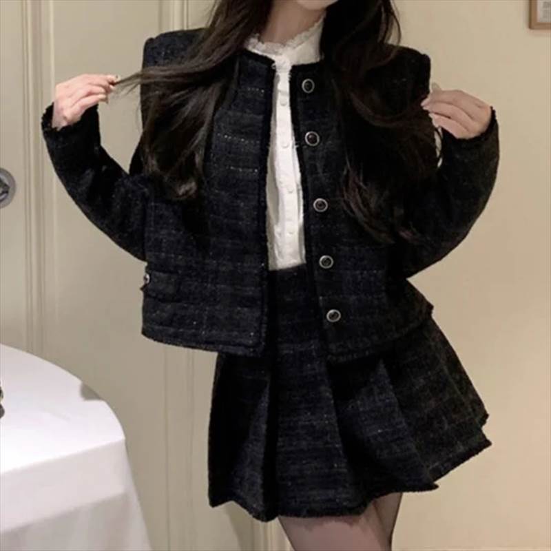 ブラック ツイードセットアップ レディース スカート ジャケット 2点セット アンサンブル ツイードツーピース プリーツスカート ミニス..