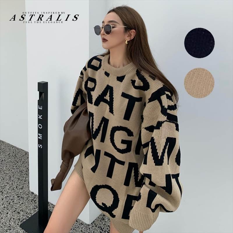 樂天商城 - アルファベットプルオーバーニット2カラー レディース トップス ニット セーター プルオーバー アウター 上着 ロング 長袖 萌袖 ラウンドネック ノーカラー ワイド ふっくら リブニット 伸縮性 かわいい カジュアル かっこいい ガーリー ルーズ ロゴ 秋 冬