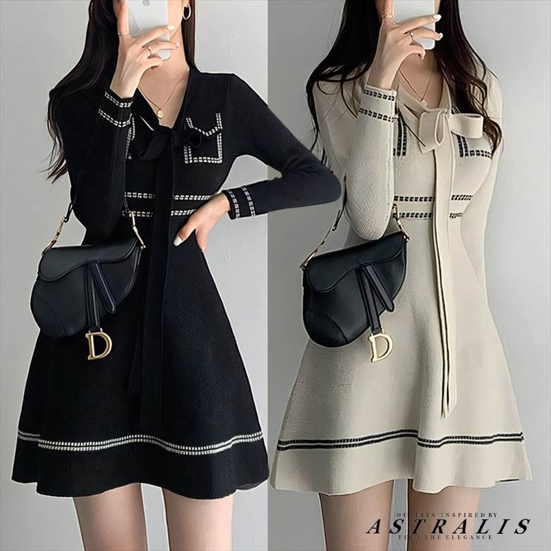 乐天商城 - フロントリボン ステッチ ニットワンピース 2カラー レディース ワンピース ニット ドレス ミニ 膝上 長袖 Vネック ノーカラー りぼんタイ Aライン 刺繍 リボン ハイウエスト リブニット きれいめ 上品 おしゃれ ガーリー エレガント フォーマル ステッチ シーズンレス