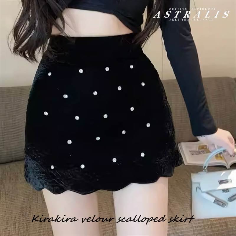 乐天商城 - キラキラ ベロア スカラップ スカートレディース スカート タイトスカート ミニスカート ミニ 膝上 ハイウエスト Aライン 台形 セクシー 秋 冬 バイカラー ベロア ビジュー スカラップ 貝殻 異素材ミックス ストーン かわいい 細見え 美シルエット カジュアル 上品