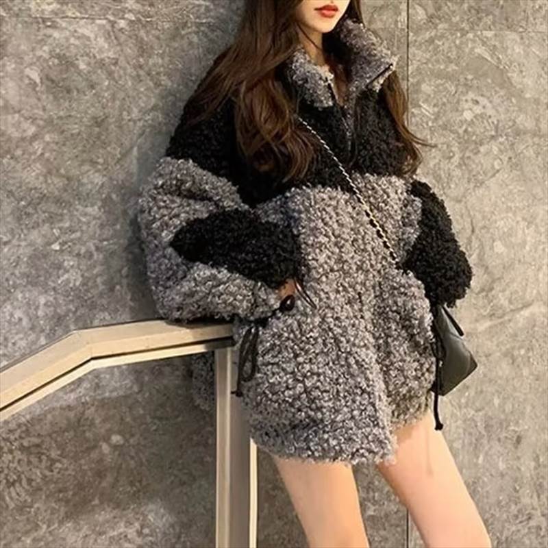 乐天商城 - ボリュームボア バイカラージャケット レディース トップス ジャケット コート ブルゾン 着る毛布 アウター ボアコート 長袖 ボリューム袖 ラウンドネック ワイド もこもこ ふっくら バイカラー ボア 大人可愛い カジュアル かっこいい ガーリー エレガント 無地 冬