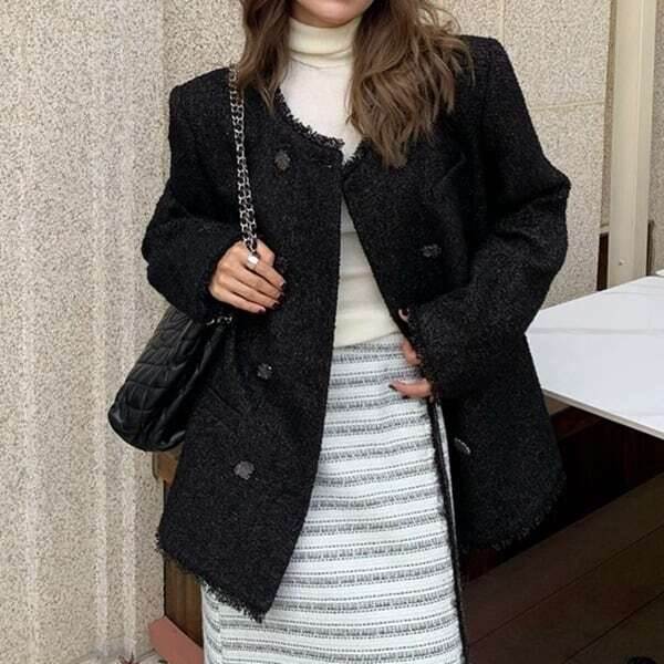 乐天商城 - ノーカラー ツイード ジャケット レディース ジャケット アウター 羽織 コーディガン ノーカラージャケット 長袖 Uネック ラウンドネック 襟なし ノーカラー ワイド ストレート ツイード かわいい 大人可愛い きれいめ 上品 おしゃれ こなれ感 無地 秋 冬 オフィス OL