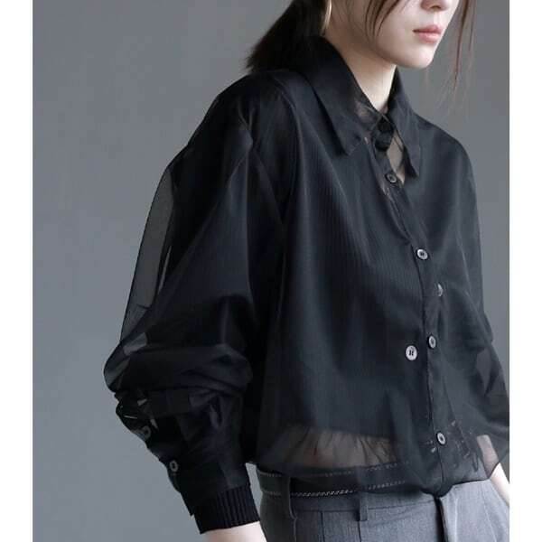 乐天商城 - チュール レイヤード リブ ブラウス レディース ブラウス 長袖 襟付き 角襟 チュール リブ 透け感 シースルー 肌見せ チュール かわいい 大人可愛い きれいめ シンプル 無地 春 秋 冬 通勤 学生 学校 通学 普段使い 着回し レイヤード 流行 S M L 黒 ブラック ベージュ