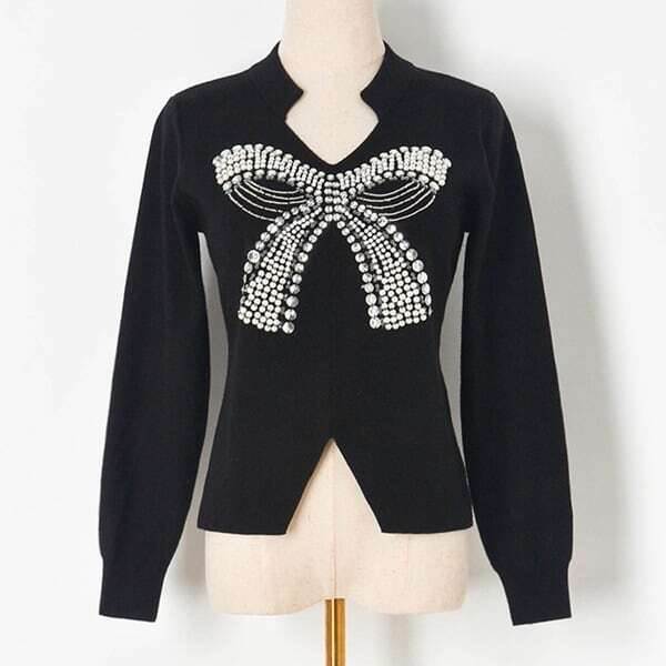 乐天商城 - リボン ビジュー ニット レディース トップス ニット 長袖 タイト スリム リボン ビジュー ニット かわいい 大人可愛い 秋 冬 オフィス ビジネス OL 通勤 学生 清楚 S M L 黒 ブラック ネイビー