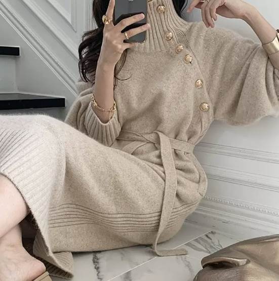 樂天商城 - ワンピース ロングワンピース ニットワンピース ロング丈 長袖 タートルネック ウエストマーク かわいい 大人可愛い きれいめ シンプル 上品 おしゃれ かっこいい レトロ ラフ こなれ感 個性的 主役級 存在感 抜け感 無地 キュート ナチュラル ベーシック クール 清楚