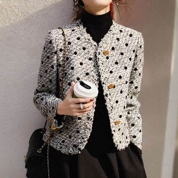 乐天商城 - ドット ツイード カジュアル ジャケット レディース ジャケット 長袖 Vネック 襟なし ノーカラー ツイード ノーカラージャケット ツイードジャケット 大人可愛い きれいめ 上品 おしゃれ フォーマル ドット柄 秋 冬 入学式 入園式 卒業式 卒園式 謝恩会 発表会 授業参観