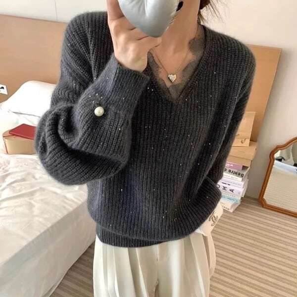 Vネック ベルベット パール ニット レースネック レディース トップス ニット 長袖 ボリューム袖 パフスリーブ Vネック ワイド レース もこもこ パール ニット かわいい 大人可愛い カジュアル おしゃれ 無地 秋 冬 デート お出かけ 体型カバー 着回し S M L XL グレー