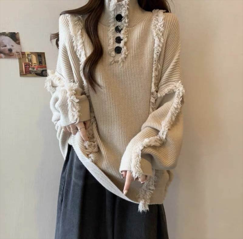 乐天商城 - トップス ニット プルオーバー 上着 レディース 長袖 萌袖 タートルネック ワイド ストレート もこもこ ふわふわ ケーブルニット ボタン 厚手 ニット かわいい 大人可愛い シンプル カジュアル 上品 おしゃれ こなれ感 ラフ ガーリー ルーズ 存在感 ラブリー キュート