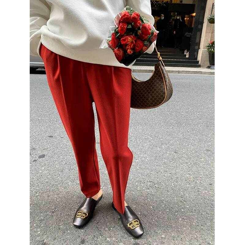 乐天商城 - テーパード ウールライク パンツ レディース パンツ ボトムス テーパードパンツ フルレングス テーパード タック カジュアル 上品 おしゃれ こなれ感 存在感 無地 春 秋 冬 ユニセックス オフィス ビジネス OL 通勤 学生 お出かけ 美脚 普段使い 着回し S M L レッド