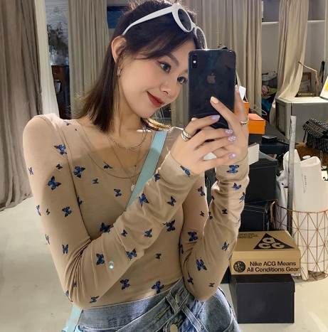 トップス カットソー プルオーバー ショート丈 袖あり 長袖 Uネック ラウンドネック 襟なし ストレート タイト 薄手 大人可愛い シンプル カジュアル 大人 おしゃれ 大人女子 こなれ感 ラフ ルーズ バタフライ柄 春 秋 10代 20代 30代 40代 レディース 女性用 ママ 通勤