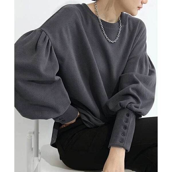 ボリューム スリーブ スウェット 4色展開 レディース トップス スウェット 長袖 ボリューム袖 パフスリーブ ラウンドネック ワイド ゆ..