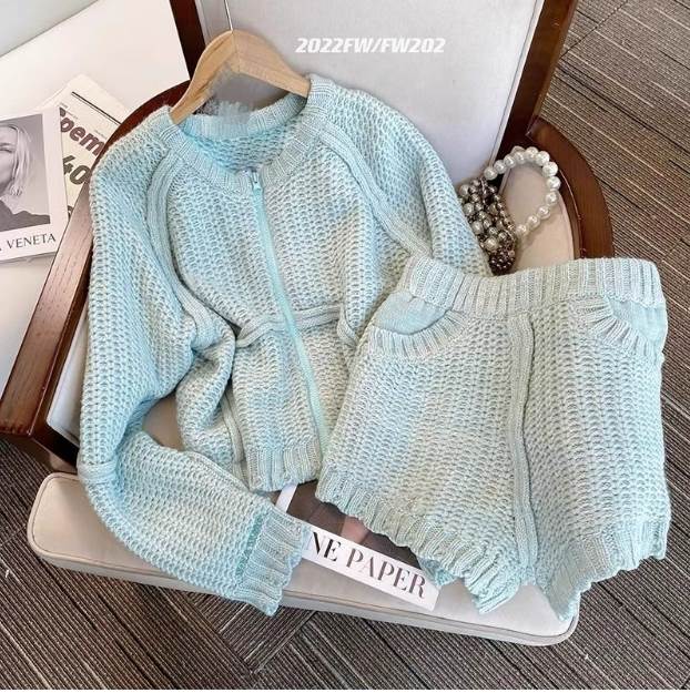 2点セット 上下セット トップス ショートパンツ ニット 長袖 ラウンドネック ルームウエア 部屋着 かわいい 大人可愛い きれいめ シン..