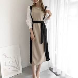 乐天商城 - レディース ワンピース 膝下 長袖 ラウンドネック セミフレア スリム 細身 ベルト ウエストリボン 伸縮性 配色 大人可愛い きれいめ シンプル カジュアル 上品 おしゃれ こなれ感 クール モード系 モダン とろみ感 都会的 秋 冬 クリスマス バレンタイン オフィス OL